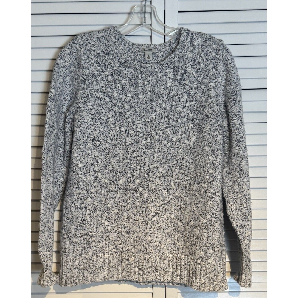 LL Bean Sweater Women L Gray Pullover  Marled Chunky Knit Ribbed Crewneck Cotton